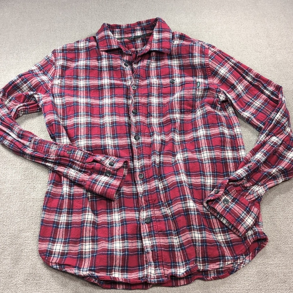 Woolrich Flannel Mens Medium Red Plaid Wool Pane Vtg Long Sleeve Button Up